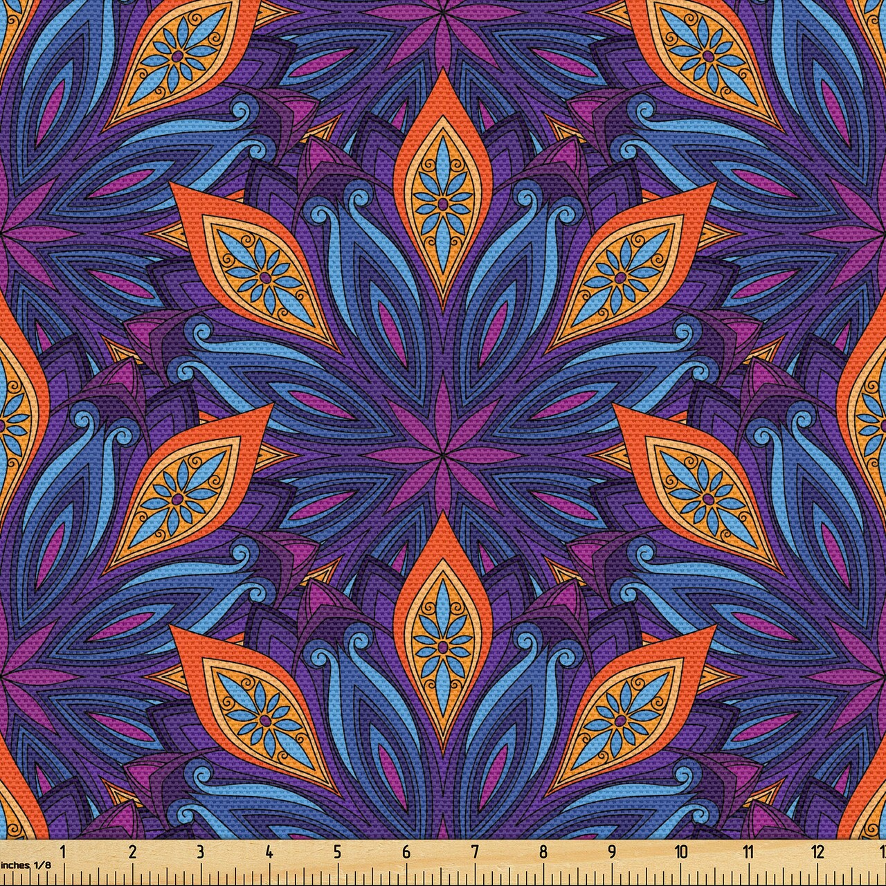 Ambesonne Mandala Fabric by The Yard, Vibrant Colored Floral Pattern Eastern Style Vintage Art Desin Print, Decorative Fabric for Upholstery and Home Accents, 5 Yards, Orange Blue